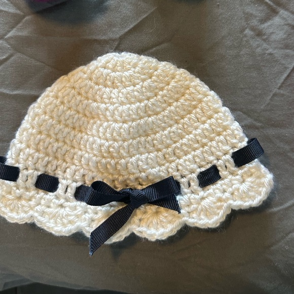 Handmade Other - 🔥 Handmade White Crochet Baby Hat with Black Ribbon